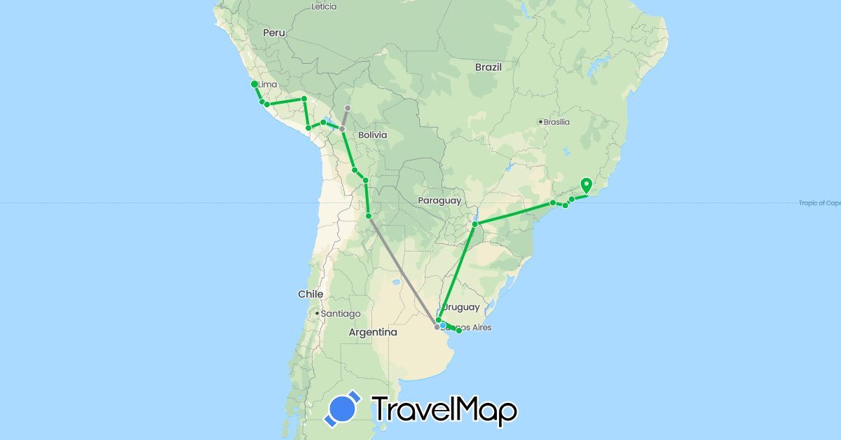 TravelMap itinerary: driving, bus, plane, boat in Argentina, Bolivia, Brazil, Peru, Uruguay (South America)